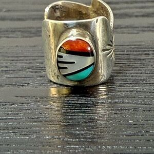 Sterling Silver Multicolor Inlay Cuff Earring - Turquoise & Coral Accent